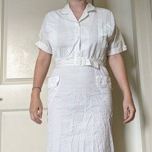 Vintage French White Polka Dot Dress, With Pockets & Belt! Size 6